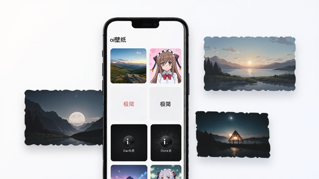 一张展示壁纸分类界面的示意图。画面主体是一部手机,屏幕上展示着