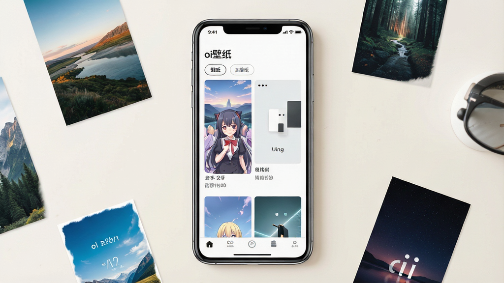 一张展示手机壁纸应用界面的场景图。画面中央是一部竖屏智能手机,屏幕上显示着名为