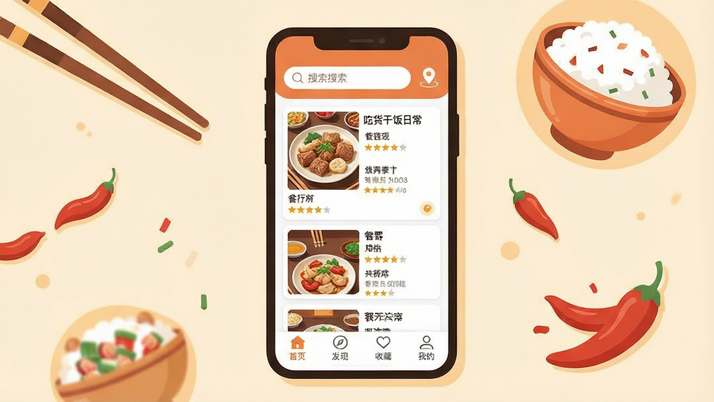 一张展示“吃货干饭日常”应用主界面的手机截图风格插画,画面中心是一部竖屏手机,屏幕内显示美食推荐列表,顶部有搜索框和定位图标,中间是卡片式餐厅推荐,包含菜品图片、店名和评分,底部导航栏有首页、发现、收藏、我的四个标签,手机周围散落着筷子、饭碗、辣椒等美食元素,整体风格清新扁平,暖色调,画质干净清晰,无多余杂乱元素