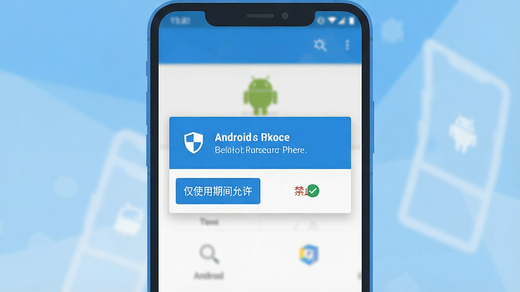 一张展示手机安装安卓应用时权限设置界面的示意图,画面中手机屏幕弹出定位权限请求对话框,下方有“仅使用期间允许”和“禁止”两个按钮,旁边配有盾牌图标和勾选标记,整体风格简洁扁平,配色以蓝白为主,画质干净清晰,无多余元素