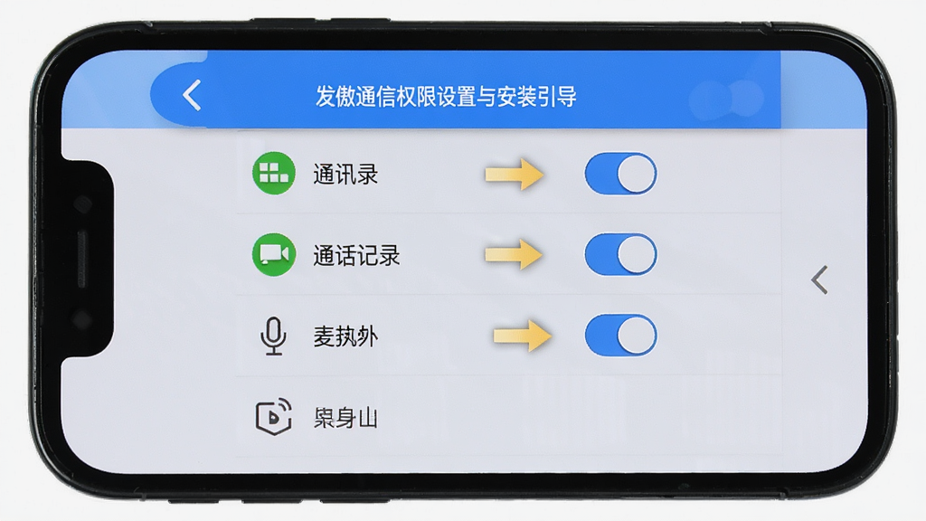 发傲通信权限设置与安装引导界面,手机屏幕显示权限管理列表,包含通讯录、通话记录、麦克风等开关选项,界面布局清晰,有引导箭头提示,风格简洁实用,细节明确,画质干净无多余元素