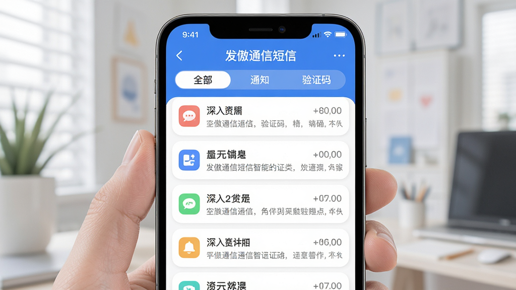 发傲通信短信智能分类功能界面,手机屏幕显示短信列表,上方标签栏区分“全部”“通知”“验证码”,屏幕内有分类图标与短信条目排列,布局清晰,风格简洁现代,细节圆润,画质干净无多余元素