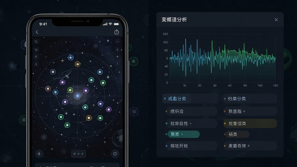 一张发觉外星人的功能展示图,画面左侧是手机屏幕显示着带有标记点的宇宙星图界面,右侧是信号分析面板,面板上有波形图和分类标签,整体风格是深色科技感,布局清晰,画质干净,无多余元素