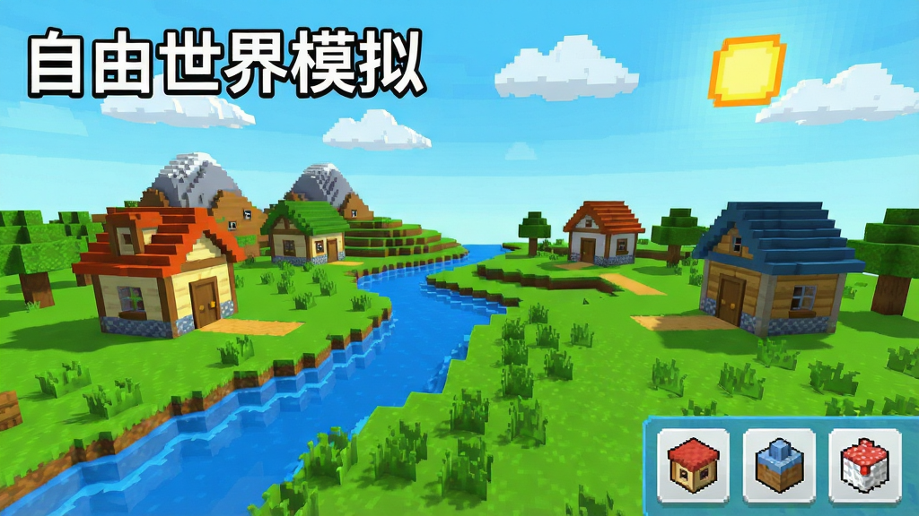 一张展示“自由世界模拟”软件核心全貌的横版宣传图,画面中央是像素风格的开放沙盒世界,有草地、河流、小山丘和几栋玩家自建的小房子,天空中有云朵和太阳,左上角显示“自由世界模拟”字样,右下角有建造工具栏图标,整体风格清新明亮,色彩饱和度高,画质干净,无多余元素