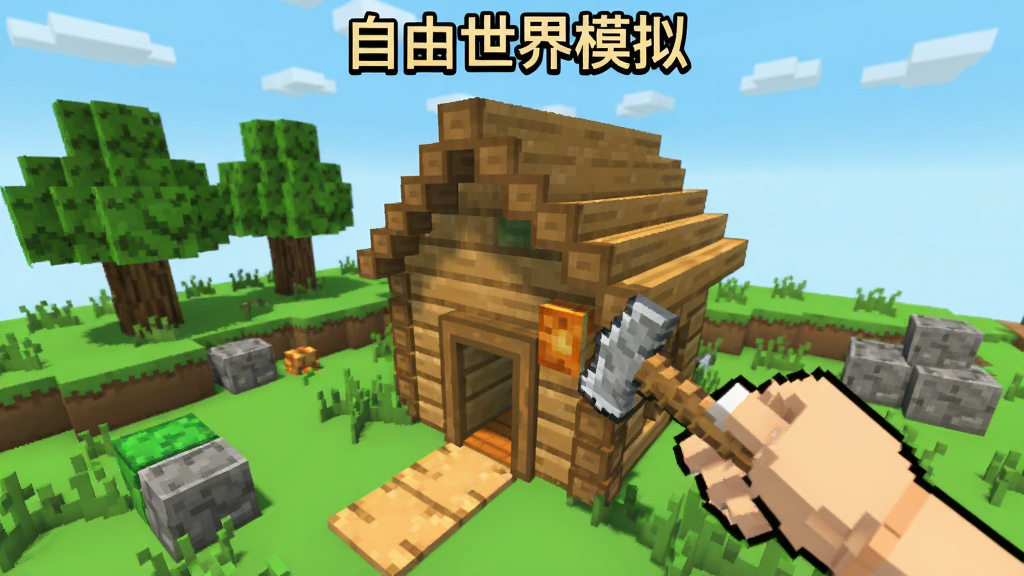 像素风沙盒建造场景,画面中一只卡通手正在用工具放置方块搭建小木屋,周围有草地、树木和石头资源,屏幕上方有“自由世界模拟”小标题,风格轻松活泼,细节清晰,画质干净无杂乱元素