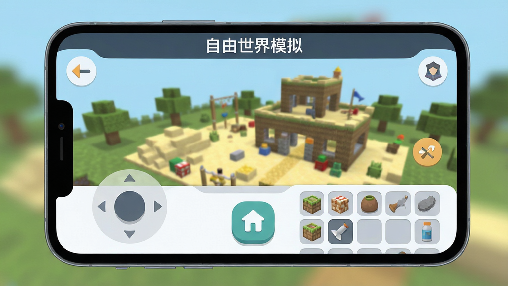 手机屏幕特写展示“自由世界模拟”操作界面,画面中有虚拟摇杆、建造按钮和物品栏,背景是正在搭建的沙盒场景,界面布局简洁清晰,图标圆润,风格现代扁平,画质干净无多余装饰