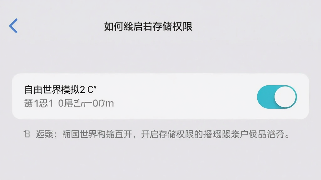 手机设置界面截图示意,展示如何给“自由世界模拟”开启存储权限,界面中有权限开关和提示文字,风格简洁明了,画质干净