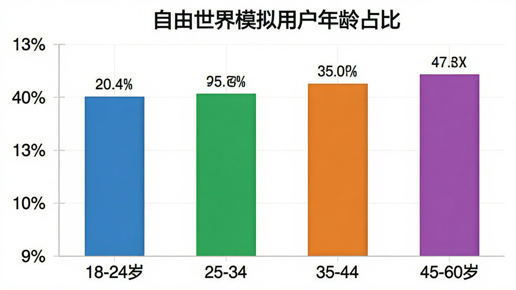 柱状图展示“自由世界模拟”用户年龄分布,横轴为18-24岁、25-34岁、35-44岁、45-60岁四个年龄段,纵轴为用户占比百分比,柱体颜色分别为蓝、绿、橙、紫,图表标题为“自由世界模拟用户年龄占比”,风格简洁现代,数据标签清晰,画质干净