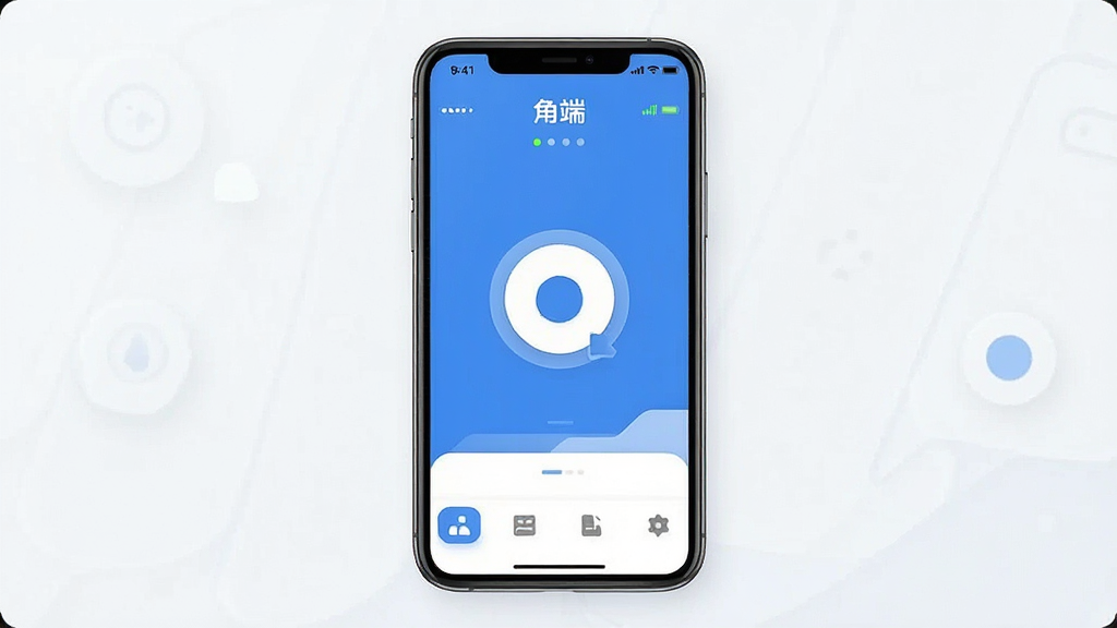 一张展示角端软件主界面的手机截图风格图片,画面中央是一部现代智能手机,屏幕上显示角端APP的简洁主页,顶部有“角端”字样和状态指示图标,中间是醒目的圆形连接按钮,底部是功能选项卡,整体布局干净清爽,配色以蓝白为主,风格现代扁平化,细节圆润,画质清晰干净,无多余元素