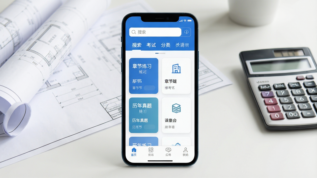 米考试建工应用主界面全貌展示,画面中央是一部智能手机,屏幕显示蓝白色调的题库首页,顶部有搜索框和考试分类标签,中间是章节练习和历年真题的卡片式入口,底部导航栏清晰可见,背景是简洁的书桌场景,旁边放着工程图纸和计算器,风格清爽现代,画质干净细节清晰,无多余元素