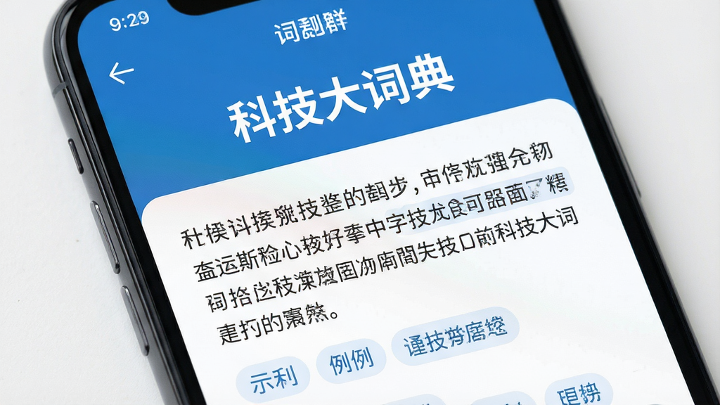 画面主体是一部手机屏幕特写,屏幕内展示“科技大词典”的词条详情页,页面上方为词条名称,下方为分段解释文字和示例标签,布局清晰,风格扁平化,蓝白配色,细节干净,画质高清,无多余元素