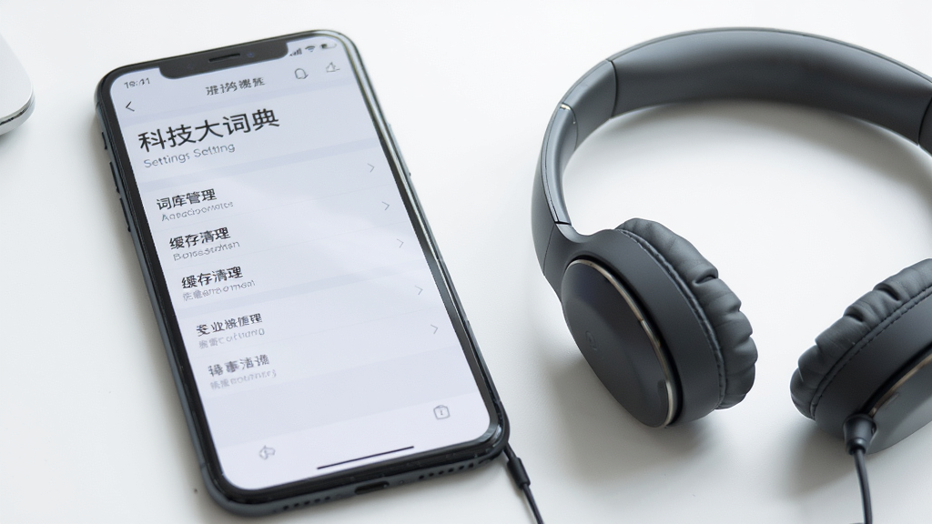一部手机屏幕显示“科技大词典”的设置页面,页面内为词库管理、缓存清理等选项列表,旁边放着一副耳机,场景简洁,光线明亮,风格现代,画质清晰,无多余元素
