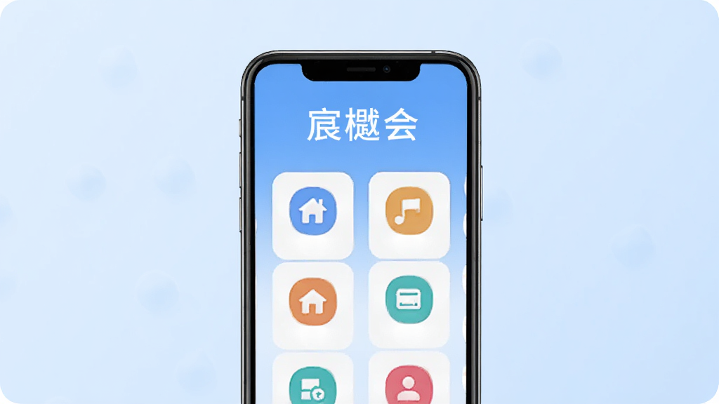 宸樾会软件的功能模块展示图,画面中央是手机屏幕界面,屏幕内呈现多个生活服务功能图标整齐排列,上方有