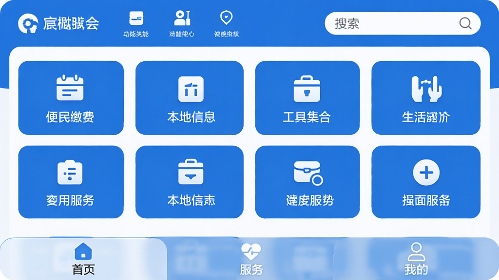 宸樾会软件的主界面设计简洁,以蓝白为主色调,顶部显示功能入口和搜索栏,中间是生活服务功能模块的网格布局,包含便民缴费、本地信息、工具集合等图标,底部为首页、服务和我的三个选项卡,整体布局清晰,文字标签明确,风格现代扁平,细节圆润,画质干净无多余元素