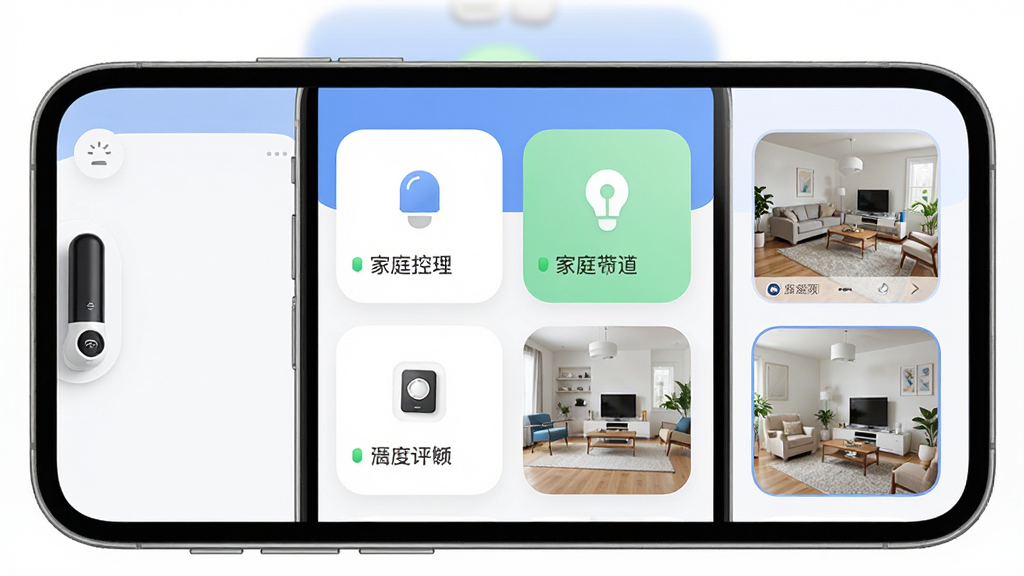 智慧家App远程控制界面,手机屏幕显示家庭设备状态卡片和摄像头实时画面缩略图,布局为上下结构,风格清爽扁平,细节圆润,画质干净,无多余元素