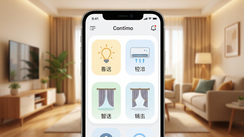 智慧家智能家居控制App主界面全貌展示,手机屏幕居中,屏幕内显示客厅设备控制面板,包含灯光、空调、窗帘图标,背景为温馨现代家居环境,风格简洁扁平化,细节圆润,画质干净清晰,无多余元素