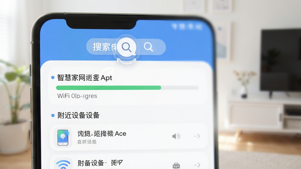智慧家App设备添加流程界面,手机屏幕显示WiFi配网进度条和附近设备列表,布局清晰,顶部有搜索动画,风格现代扁平,细节圆润,画质干净,无多余元素