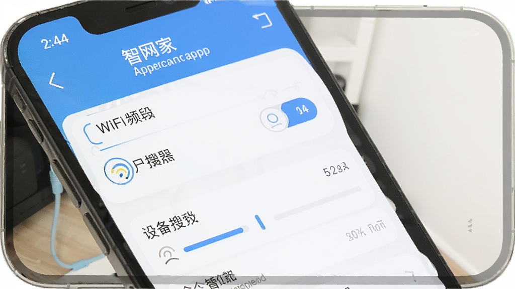 智慧家App配网设置界面手机截图,屏幕显示WiFi频段选择和设备搜索进度,布局简洁,风格扁平化,细节清晰,画质干净,无多余元素