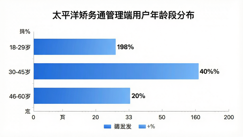 画面主体是一个横向柱状图信息图,标题为“太平洋矫务通管理端用户年龄段分布”,图表包含三个横向柱子,分别标注“18-29岁”“30-45岁”“46-60岁”,柱子颜色为蓝色渐变,旁边有百分比数字。布局为图表居中,背景为白色。排版清晰,风格为简洁数据可视化风格,细节包括坐标轴标签、图例和标题文字。画质高清,干净,无多余元素。