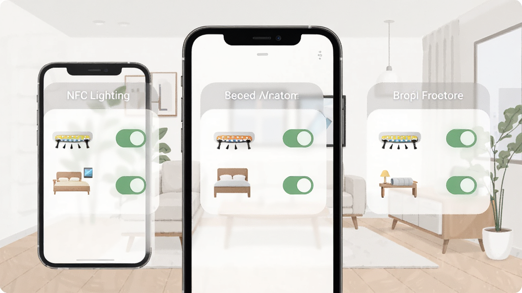 NFC Lighting多设备管理界面图,手机屏幕显示客厅、卧室、书房三个分组标签,每个分组下有对应的灯带图标和开关状态,背景是简约的家居环境插画,风格清爽现代,布局合理,细节清晰,画质干净