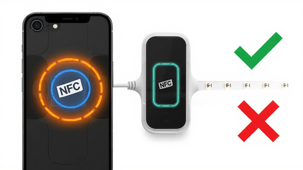 NFC Lighting新手操作示意图,画面展示一部手机背面靠近灯带控制器的正确感应位置,用高亮圆圈标注手机NFC天线区域和控制器感应区,旁边配有简单的对勾和叉号图示说明正确与错误姿势,风格简洁直观,细节清晰,画质干净