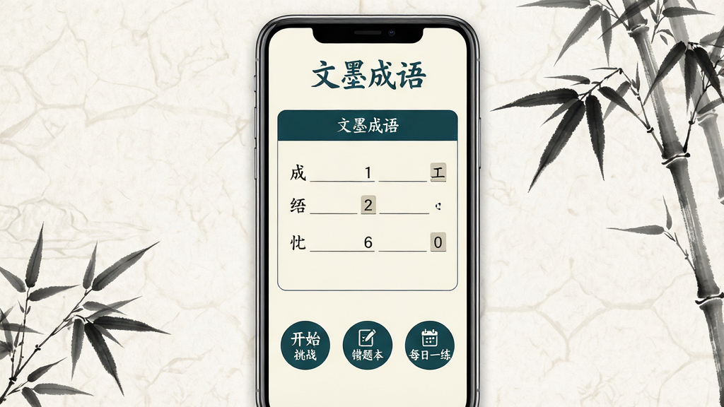 文墨成语应用主界面全貌展示,手机屏幕居中放置,界面采用米白色与黛青色搭配的国风简约设计,顶部显示“文墨成语”四字logo,中间是成语填空答题区域,下方有“开始挑战”“错题本”“每日一练”三个圆形功能按钮,背景是淡淡的宣纸纹理与水墨竹叶点缀,整体风格清新雅致,画质干净清晰,无多余装饰元素