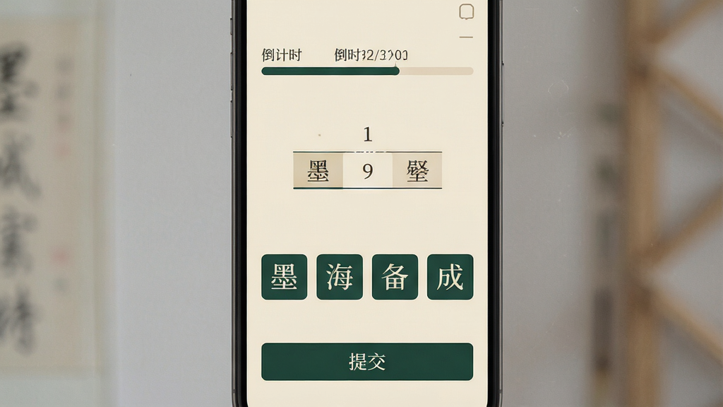 文墨成语答题界面特写,手机屏幕竖屏展示,画面中央是一道成语填空题,上方有倒计时进度条,下方是四个备选汉字方块,屏幕顶部干净无广告横幅,底部仅有一个简洁的“提交”按钮,整体配色以浅米色为底、墨绿色为强调色,风格极简,画质干净,无多余元素