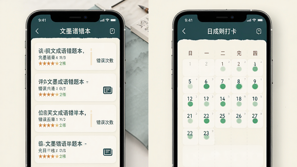 文墨成语错题本与每日一练界面组合展示,左侧手机屏幕显示错题列表,每道错题旁标注错误次数;右侧手机屏幕显示日历打卡视图,已完成日期有绿色圆点标记,界面配色统一为米白与黛青,布局清晰,风格素雅,画质干净无杂乱元素
