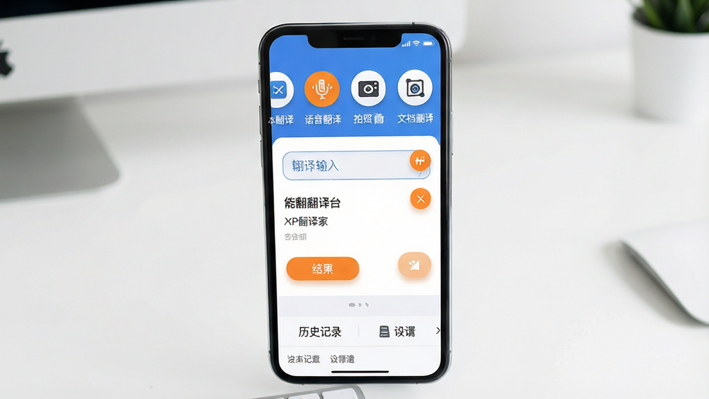 一张展示全能翻译家软件核心全貌的场景图,主体是一部手机屏幕显示全能翻译家APP主界面,布局为顶部功能入口栏包含文本翻译、语音翻译、拍照翻译、文档翻译四个图标,中间是翻译输入框与结果展示区,底部为历史记录与设置选项,排版清晰有序,风格为现代扁平化设计,细节上图标圆润、按钮有轻微阴影、配色以蓝白为主点缀橙色高亮,画质干净清晰无多余元素,背景为简洁的桌面环境