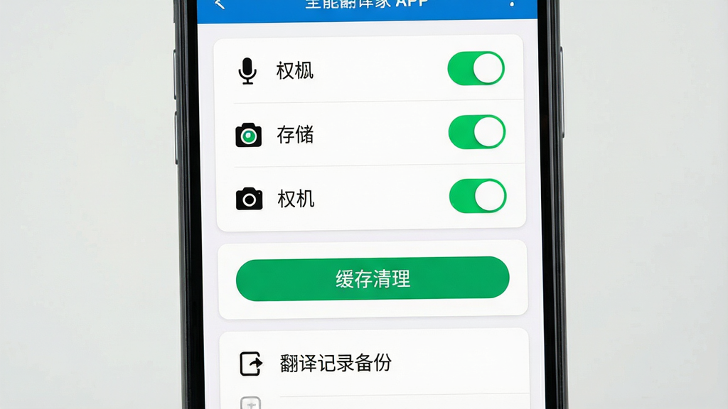 一张展示全能翻译家新手使用技巧的场景图,主体是手机屏幕显示全能翻译家APP的设置与权限管理界面,布局为上方权限列表包含麦克风、存储、相机三个开关项,中间有缓存清理按钮,下方为翻译记录备份入口,排版为纵向列表结构,风格为简洁实用的扁平化设计,细节上开关按钮有绿色高亮状态、图标线条清晰、背景为白色卡片式布局,画质干净清晰无多余元素