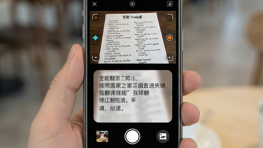一张展示全能翻译家拍照取词翻译功能的场景图,主体是手机屏幕显示全能翻译家APP的拍照翻译界面,布局为上方相机取景框对准一份英文菜单,下方显示识别后的中文译文浮层覆盖在原文位置,排版为上下结构,风格为真实感与扁平化结合的设计,细节上取景框四角有对焦标记、译文浮层半透明带圆角、底部有拍摄和相册按钮,画质干净清晰无多余元素