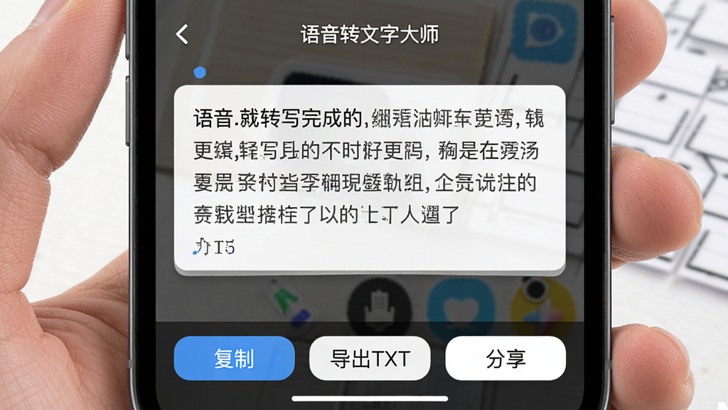 手机界面显示转写完成的文字段落,文字可选中编辑,底部有
