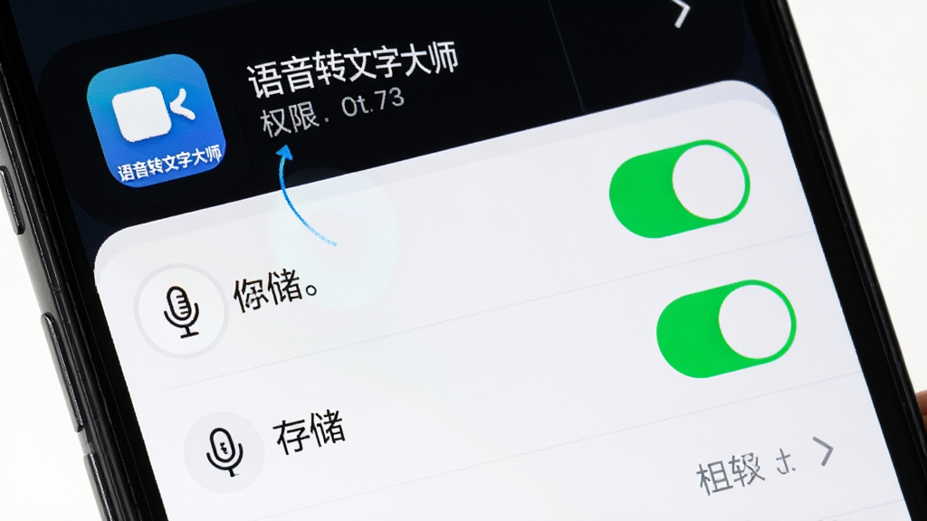 手机屏幕显示权限设置页面,突出麦克风和存储权限开关为绿色开启状态,旁边有