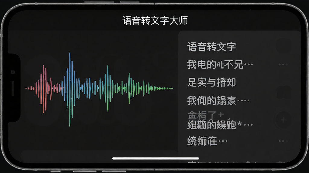 手机横屏显示录音界面,左侧是跳动的声波波形,右侧实时滚动出现中文文字,界面顶部标注
