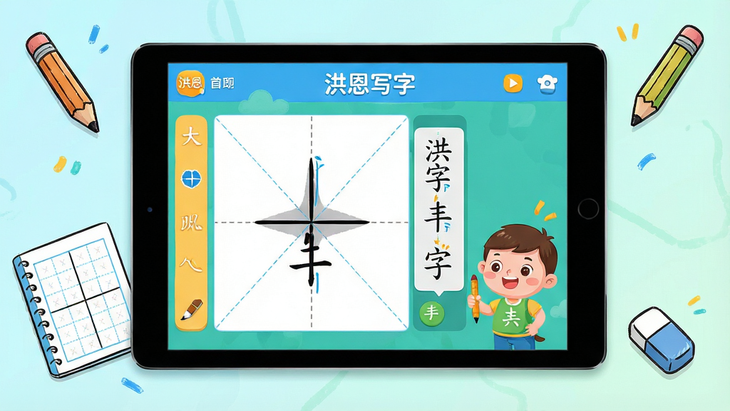 一张展示洪恩写字App核心界面的产品全貌图,画面中央是平板电脑屏幕,屏幕上显示着洪恩写字App的首页,包含田字格书写区、笔顺动画演示和卡通汉字伙伴形象,屏幕周围漂浮着铅笔、田字格本、橡皮擦等手绘风格小元素,整体采用明亮活泼的儿童教育风格配色,蓝绿为主色调搭配暖黄点缀,布局清晰居中,画质干净高清无多余杂乱元素