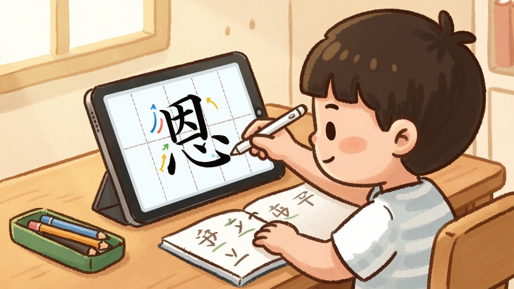 一张展示洪恩写字App在平板上使用的场景图,画面中一个卡通风格的小朋友坐在书桌前,手持触控笔在平板屏幕上认真书写汉字,平板屏幕上显示田字格和笔顺引导,桌面上摆放着铅笔盒和练习本,整体采用温馨明亮的家庭学习场景插画风格,暖色调为主,布局自然,画质干净细腻无多余元素