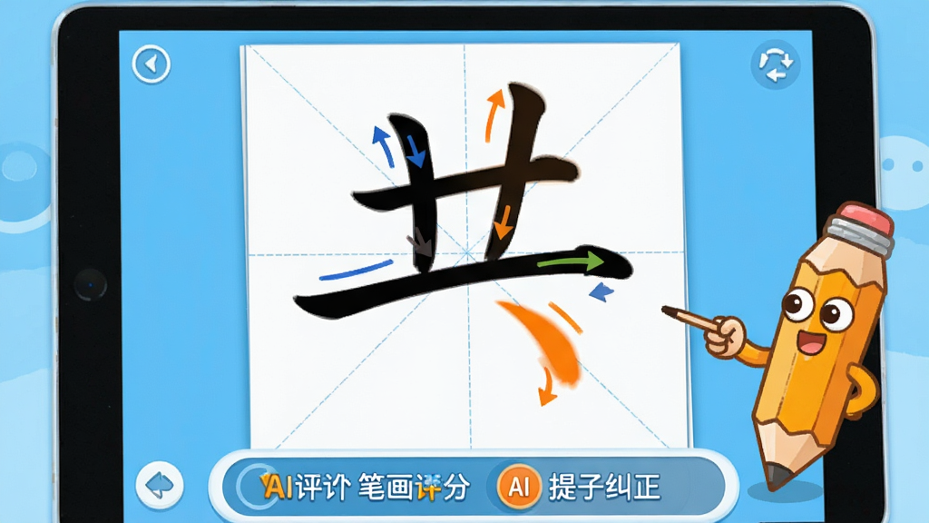 一张展示洪恩写字App笔顺动画跟练功能的特写图,画面主体是平板屏幕上的田字格区域,一个汉字正在以动态笔迹逐笔书写,每一笔用不同颜色区分并带有箭头方向指示,旁边有卡通小铅笔角色在指引,屏幕下方显示AI评测的笔画评分和纠正提示,整体风格为清新明快的儿童教育插画风,蓝白底色配橙色高亮,画质清晰干净无杂乱元素