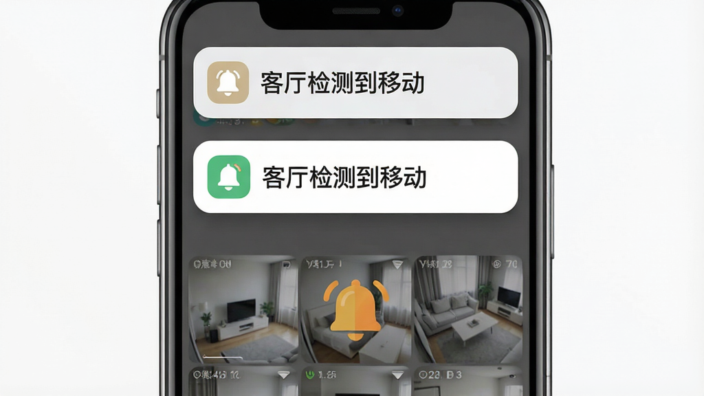 画面主体是一部手机屏幕弹出通知横幅,横幅上写着“客厅检测到移动”,屏幕背景是监控画面缩略图,旁边配一个铃铛图标,布局为手机居中、通知横幅位于屏幕上方三分之一处,风格为扁平化UI展示图,细节上通知卡片有轻微阴影、图标线条圆润,画质干净清爽,无杂乱背景元素