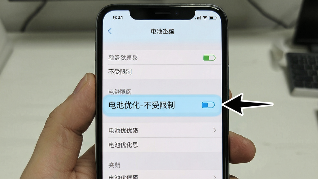 画面主体是一部手机屏幕显示设置界面,界面中高亮标注“电池优化-不受限制”选项,旁边有箭头指引,布局为手机居中、界面元素清晰分层,风格为教程图示风,细节上高亮区域用淡蓝色底衬托、文字标签明确,画质干净利落,无多余装饰