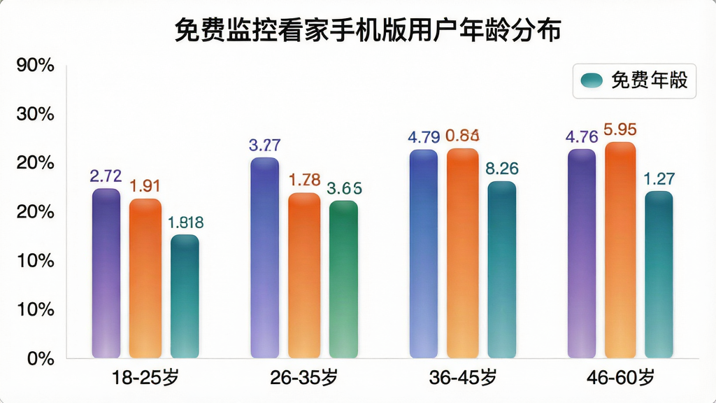 柱状图展示不同年龄段用户占比,横轴为年龄段标签“18-25岁”“26-35岁”“36-45岁”“46-60岁”,纵轴为百分比刻度,柱体用渐变色区分,图表上方标题写“免费监控看家手机版用户年龄分布”,布局为图表居中、图例位于右上角,风格为简洁数据可视化风,细节上柱体有轻微圆角、数值标签清晰,画质干净无网格杂线