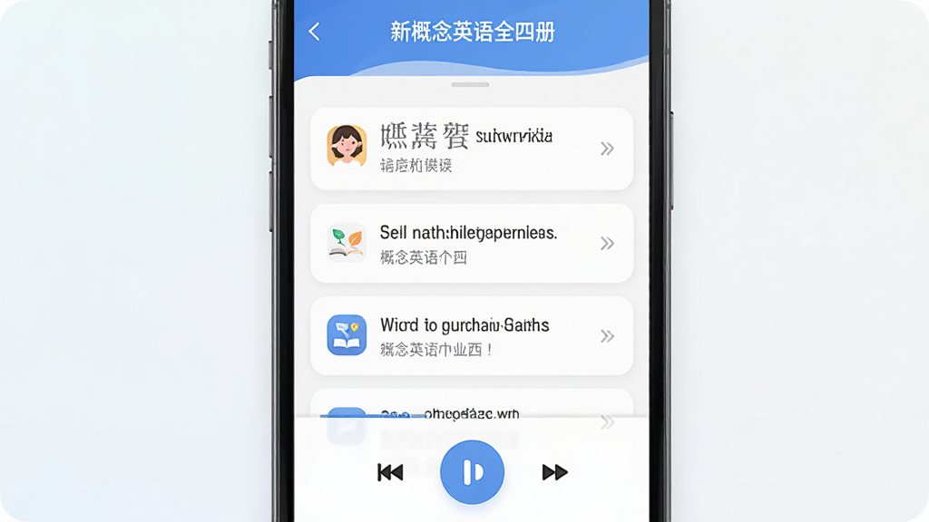 һ����Ϊ���¸���Ӣ��ȫ�Ĳᡱ���ֻ�App������չʾ������������һ�������ֻ�����Ļ����ʾӢ������б��Ͳ��ſ����������ּ���������Ű������½ṹΪ�������Ϊ�ִ���ƽ����ƣ�ϸ���ϰ�ťԲ��ͼ����ȷ�����ʸɾ����壬����Ϊǳɫ���䣬�޶���Ԫ��