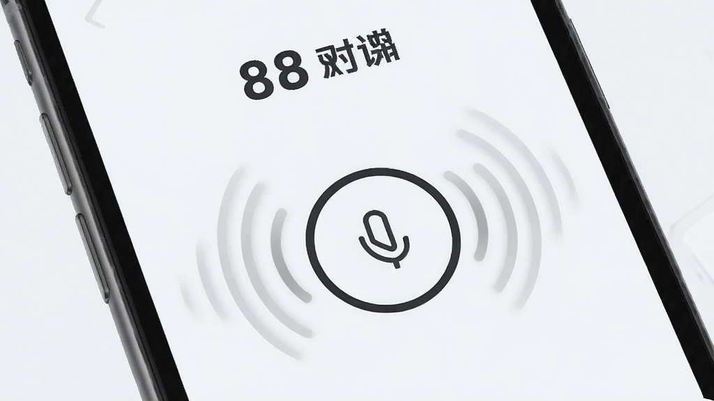 一张展示88对讲即按即说功能的图片,画面主体是手机屏幕特写,屏幕中央有醒目的圆形按住说话按钮,周围环绕声波纹理,背景为浅色简约风格,画面中带有88对讲的软件名称文字,画质清晰干净,无多余元素