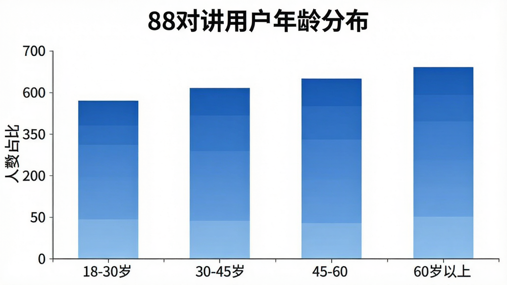 一张展示88对讲用户年龄分布的柱状图图片,横轴为18-30岁、30-45岁、45-60岁、60岁以上四个年龄段,纵轴为人数占比,柱状颜色为蓝色系渐变,图表上方标注88对讲用户年龄分布文字,风格简洁商务,画质干净,无多余元素