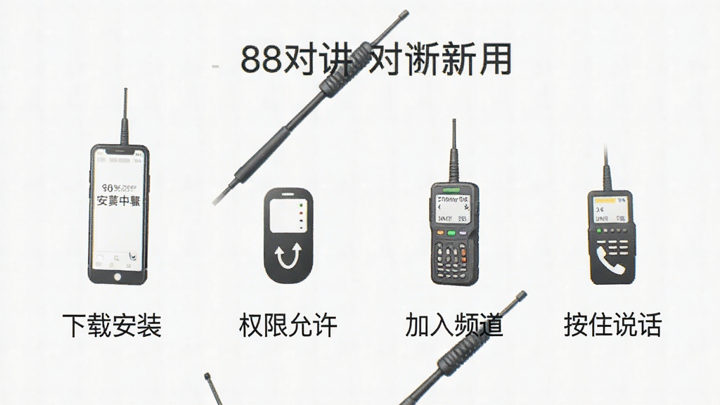 一张展示88对讲新手使用步骤的图片,画面为手机屏幕截图风格,分步骤展示下载安装、权限允许、加入频道、按住说话四个环节,每个步骤配简单图标和文字说明,背景干净整洁,风格清晰直观,画质干净,无多余元素