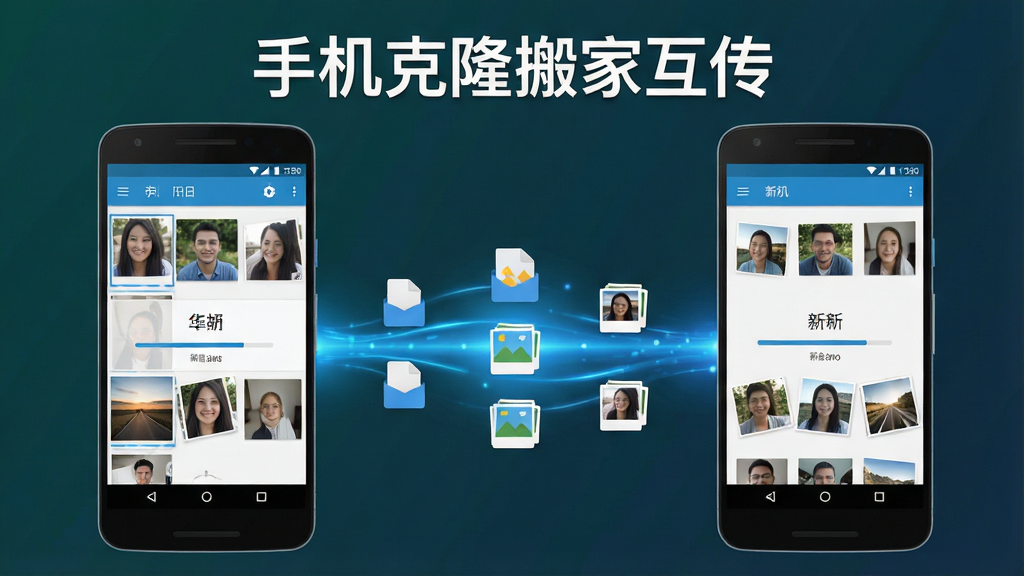 一张展示手机克隆搬家互传软件核心功能的场景图,画面主体是两部并排的安卓手机,中间用一条发光的蓝色数据流连接,屏幕上分别显示旧手机相册和新手机相册的传输进度界面,软件名称“手机克隆搬家互传”以醒目的白色字体显示在画面顶部中央,布局采用左右对称构图,排版简洁明了,风格为现代扁平化科技风,细节上数据流带有细小的文件图标和照片缩略图,画质高清干净无多余元素