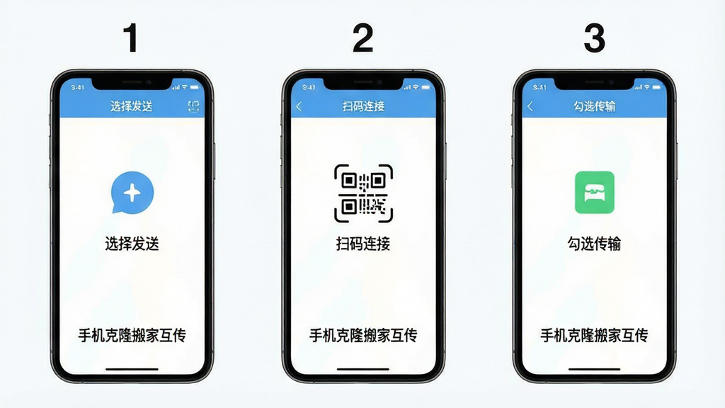 手机克隆搬家互传的三步操作引导界面展示图,画面分为三个并排的手机屏幕,从左到右分别显示“选择发送”“扫码连接”“勾选传输”三个步骤界面,每个屏幕上方标注对应步骤序号,软件名称“手机克隆搬家互传”以统一字体显示在三个屏幕底部,布局为横向三栏排列,风格为清新扁平化设计,细节上每个步骤配有简约图标,画质干净明亮无多余装饰