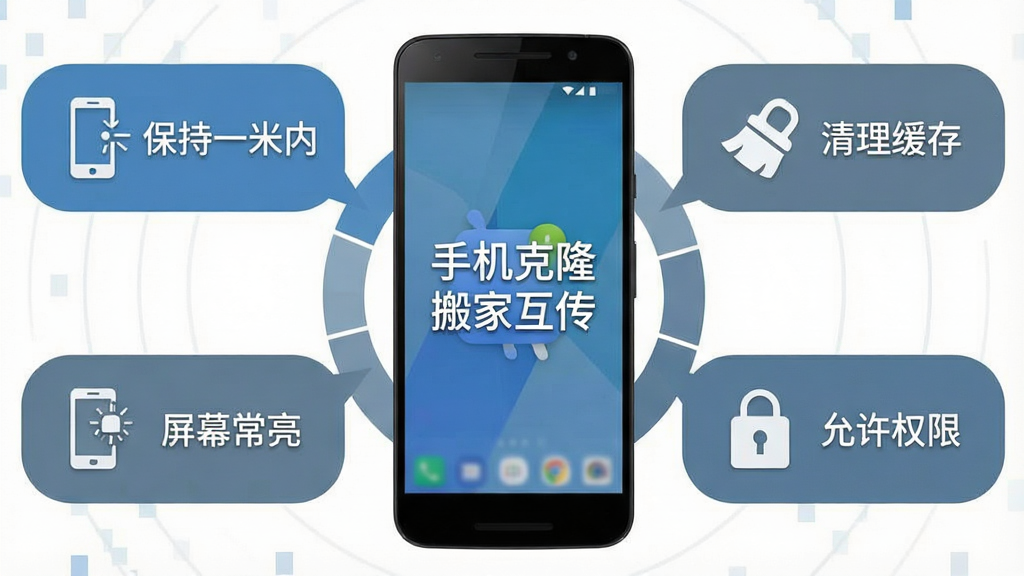 手机克隆搬家互传的新手操作注意事项信息图,画面主体是一部安卓手机和周围环绕的五个提示气泡,气泡内分别用图标表示“保持一米内”“清理缓存”“允许权限”“屏幕常亮”“检查文件”,软件名称“手机克隆搬家互传”显示在手机屏幕中央,布局为环形放射状,风格为扁平化信息图风格,细节上气泡颜色为蓝灰搭配,画质干净整洁无多余元素