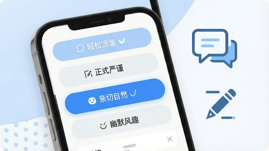 一张展示AI文案写作专家语气风格切换功能的图片,画面中手机屏幕显示软件界面,界面上有“轻松活泼”“正式严谨”“亲切自然”“幽默风趣”四个语气选项按钮,当前选中项高亮显示,屏幕旁边有一个对话气泡图标和一支笔的图标,背景为淡雅的蓝白配色,风格简洁现代,细节清晰,画质干净
