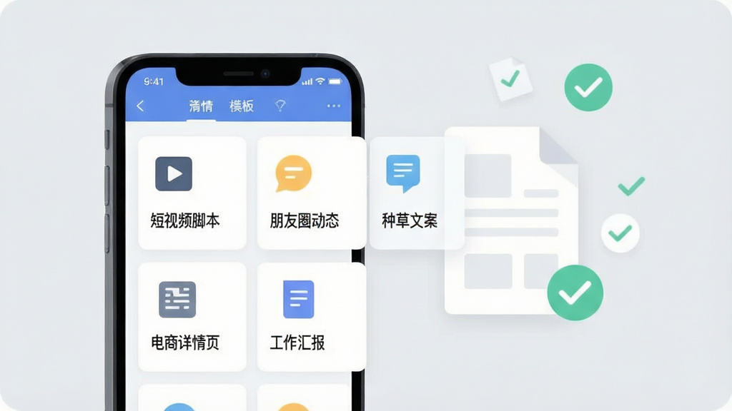 一张展示AI文案写作专家多场景模板功能的图片,画面中一部手机屏幕显示着软件界面,界面上整齐排列着“短视频脚本”“种草文案”“朋友圈动态”“电商详情页”“工作汇报”等场景卡片,每个卡片配有对应的简洁图标,手机旁边漂浮着文档和勾选标记,背景为柔和的浅灰色,风格扁平化设计,布局清晰,画质干净无多余元素