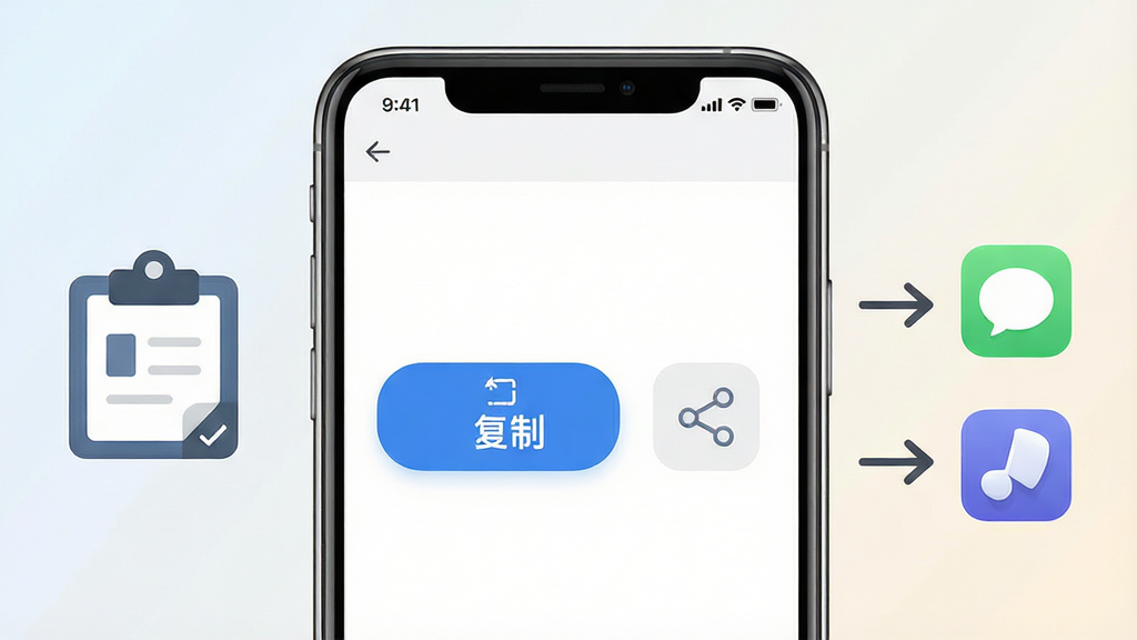 一张展示AI文案写作专家一键复制功能的图片,画面中手机屏幕显示软件界面,界面上有一个醒目的“复制”按钮和一个“分享”图标,屏幕旁边有一个剪贴板图标和指向其他应用图标的箭头,背景为浅色渐变,风格简洁明快,布局直观,画质干净无多余元素